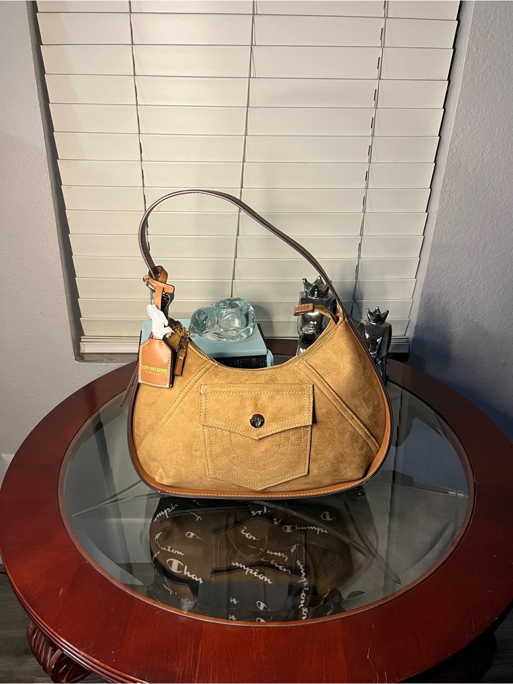 True Religion Tan Suede Shoulder Bag with Front Pocket